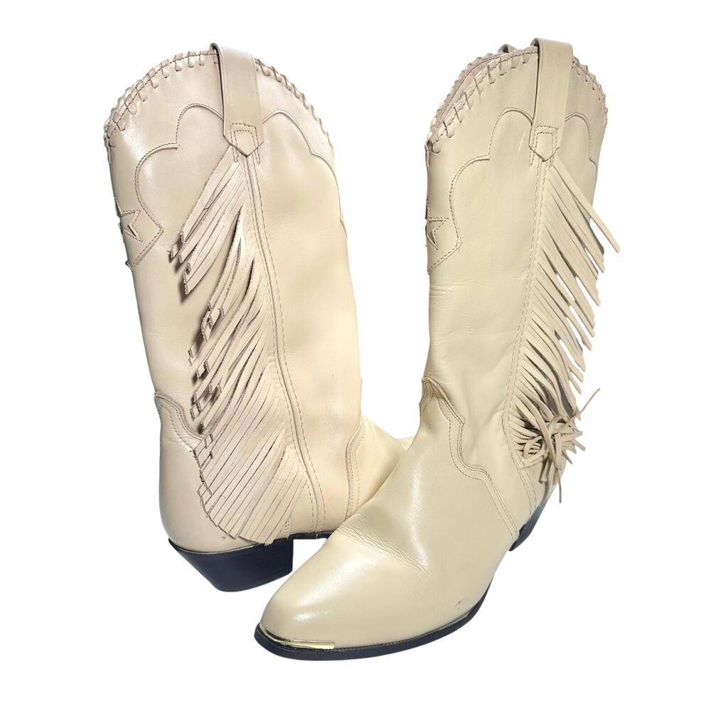 ACME | Women | Cream Neutral Western Fringe Leather Cowgirl Boots | Size 8.5